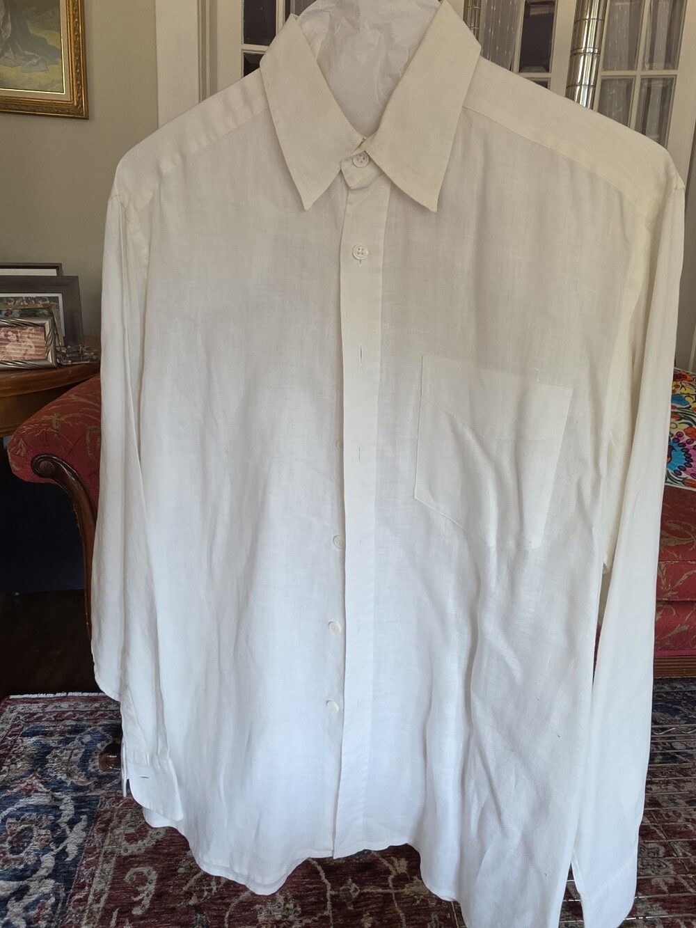 Men's Linen White Long-Sleeve Dress Shirt with Chest Pocket